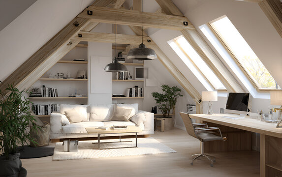 A sunlit attic space reimagined as a bright and airy home office. Features include a desk, sofa, bookshelves, and rustic wooden beams