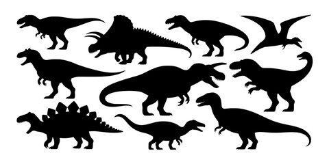 Obraz premium Dinosaur Silhouette Set with Multiple Prehistoric Reptiles, Roaring Poses and Vector-Style Shape for Educational Decor