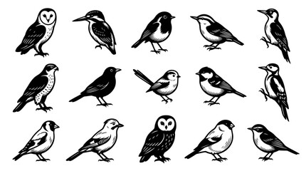 Obraz premium Black and White Line Art of Various Birds, Wildlife and Nature Icons
