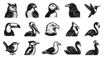 Fototapeta premium Black and White Bird Icons Set - Vector Animal Illustrations