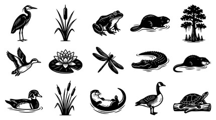 Obraz premium Black and White Vector Icons: Wetland Wildlife and Nature Elements