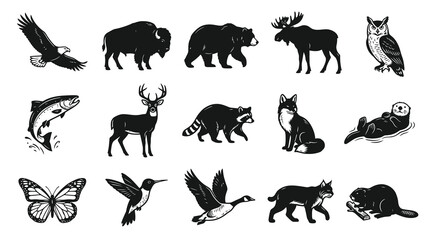 Obraz premium North American Wildlife Animals Black and White Line Art Silhouettes Collection