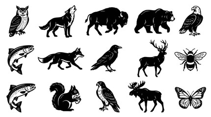 Obraz premium Vintage North American Wildlife Black and White Illustrations Set - Forest, River, and Sky Animals