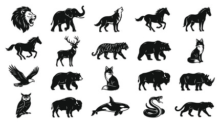 Obraz premium Black and White Wild Animals Glyph Icons Set - Nature Wildlife Mammals Birds Reptiles Vector Silhouettes
