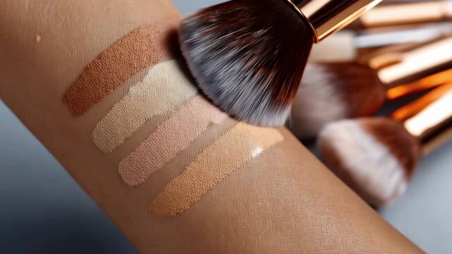 Makeup swatches on skin with brushes showing different shades and colors at a cosmetic display