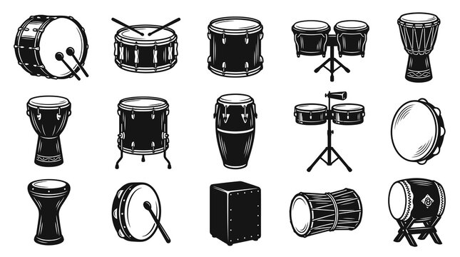 Black and White Line Art of Various Drums and Percussion Instruments
