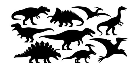 Obraz premium Dinosaurs Silhouette Set with Various Prehistoric Creatures Featuring Black, Vector, Illustration with T-Rex and Triceratops Elements For
