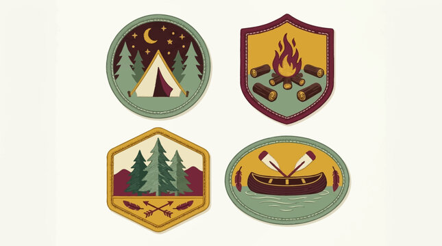 Vintage summer camp embroidered patches set featuring camping tent campfire pine trees and canoe for outdoor adventure and scouting activities.