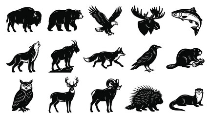 Obraz premium Black and White Vector Icons of North American Wildlife Animals Set