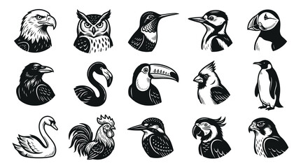 Obraz premium Black and White Vector Illustration of Various Bird Heads, Animals, Wildlife