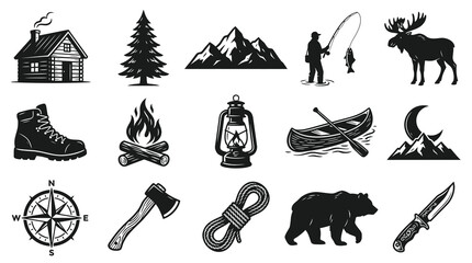 Obraz premium Vintage Outdoor Adventure Icons Set, Black and White Camping Symbols
