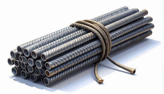 A bundle of rebar steel rods tied with rope, ready for construction and building projects, showing industrial material