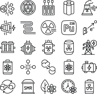Comprehensive Set of 25 Nuclear Energy and Atomic Power Vector Icons Featuring Radiation Symbols, Cooling Towers, Fission, Fusion, SMR, Plutonium, and Sustainable Science Graphics.