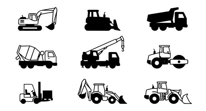 Construction vehicles vector icons set with heavy machinery flat design illustrations for infographics and web design