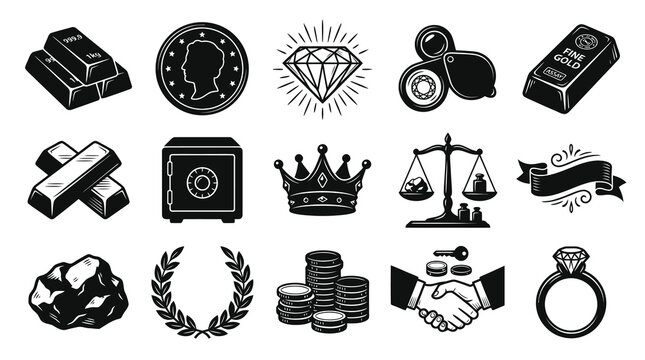 Black  White Icons: Gold Bars, Diamond, Safe, Crown, Scale, Ring, Finance Icons