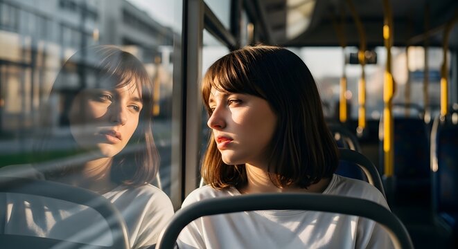 A young woman with short hair thoughtfully looks out a sunlit bus window reflecting her pensive mood