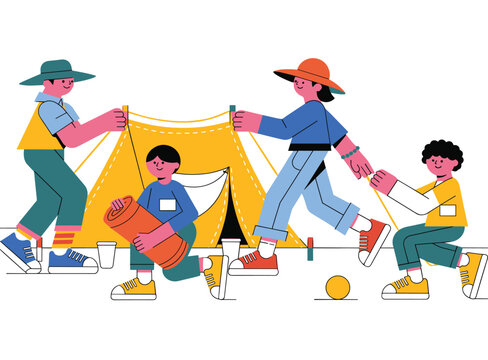 Team of young people setting up a tent for outdoor camping