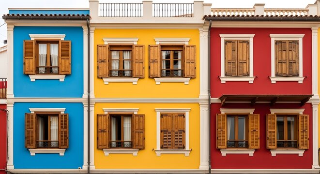 Brightly painted facades of multi story buildings with closed wooden shutters create a vibrant street scene