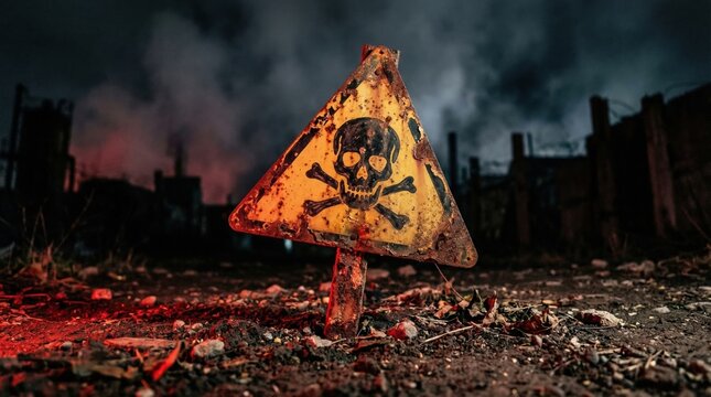 Hazardous area warning sign at military base with skull and crossbones symbolizing danger and toxicity in dark environment