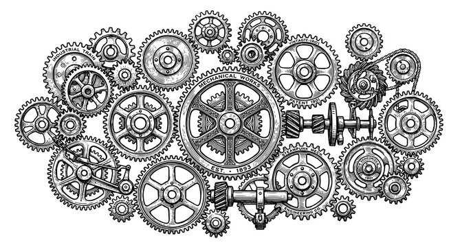 Intricate steampunk machinery collage gears cogs and mechanical components in vintage engraving style