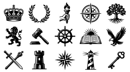 Fototapeta premium Classic Engraving Style Black White Line Art Icons for Heraldic, Legal, Education Navigation Symbolism