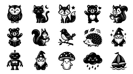 Obraz premium Black and White Cute Whimsical Glyph Vector Illustrations for Children, Nature and Fantasy Themes