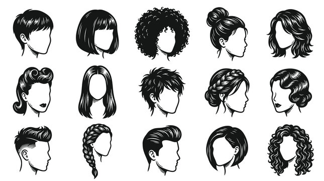 Diverse Beauty  Fashion Hairstyles Black  White Line Art Vector Set for Salon  Haircare
