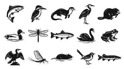 Obraz premium Black and White Vector Icons of River Animals and Birds