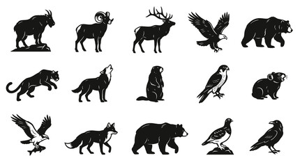 Fototapeta premium Black White Vector Icons of Wild Animals for Nature Wildlife Industry