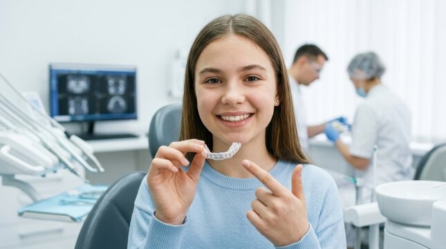 Smiling teenage girl holding a clear orthodontic aligner in a dental clinic, demonstrating invisible plastic braces used for teeth correction. 