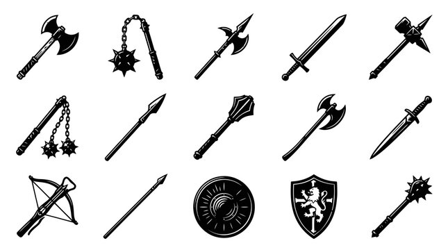 Medieval Weapon Icons: Black  White Vector Art of Axes, Swords, Flails, and Shields