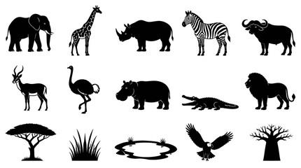 Obraz premium African Safari Wildlife Black and White Silhouette Icons Set - Nature Animals, Trees, Grass, Water Elements