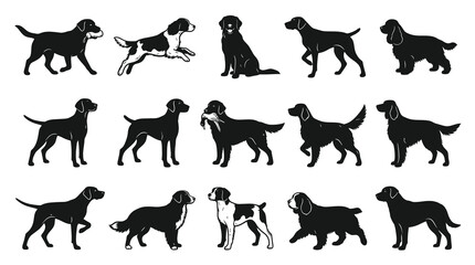 Obraz premium Black and White Vector Dog Silhouettes Collection - Set of Various Breeds for Pet, Animal, and Hunting Themes