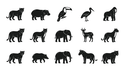 Fototapeta premium Wildlife Animals Glyph Icons Set - Nature and Safari Black Vector Silhouettes Collection