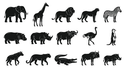 Obraz premium African Wildlife Animals Silhouette Icons Set. Safari Mammals and Birds Black Glyphs Collection. Zoo Nature Vector.