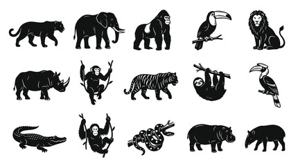 Fototapeta premium Jungle Safari Wild Animals Black and White Glyph Vector Icons Set