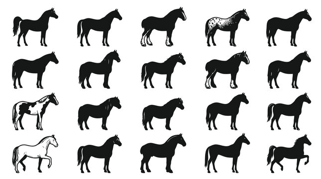 Equestrian Horse Breeds Collection: Black and White Detailed Illustrations Set