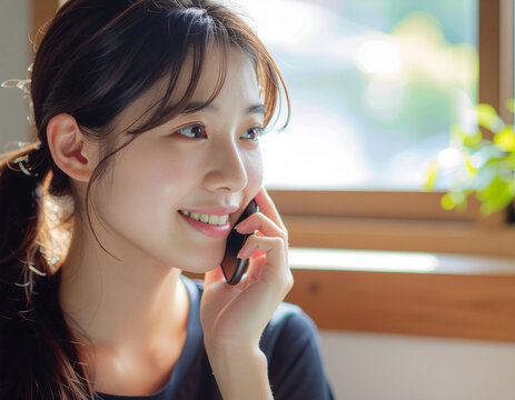 笑顔でスマートフォンで通話する若い女性/Smiling young woman talking on her smartphone.