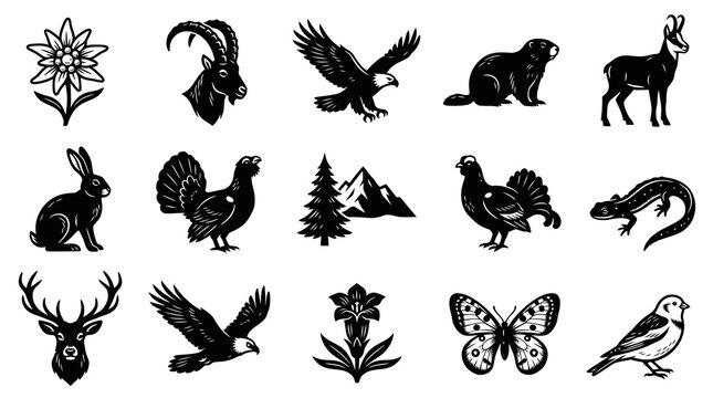Alpine Wildlife and Nature Vector Icons Set: Animals, Birds, Flora, Mountains in Black and White Engraving Style