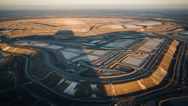 An industrial evaporation pond complex with intricate pipe systems under golden hour sunlight