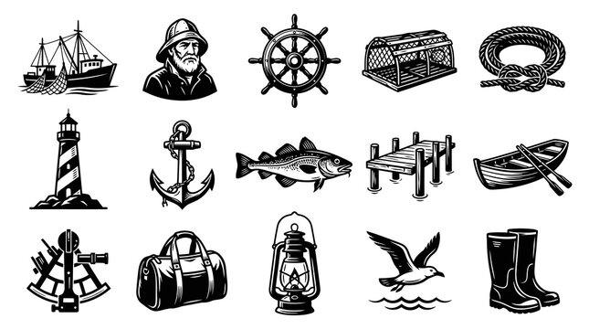 Retro Black and White Line Art Collection of Maritime and Fishing Elements and Icons