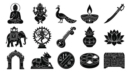 Obraz premium Traditional Indian Hindu Culture Icons Set, Black and White Vector Art