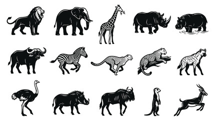 Obraz premium African Safari Animals Black and White Silhouette Vector Icons Set for Wildlife Design