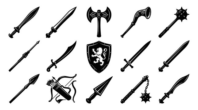 Medieval Fantasy Warfare Black and White Glyph Icons Set - Ancient Weapons and Armor Vector Collection