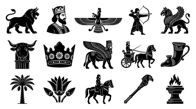 Black  White Ancient Persian Empire Glyphs. Mythology, Royalty, Historical Symbols  Artifacts Vector Icons
