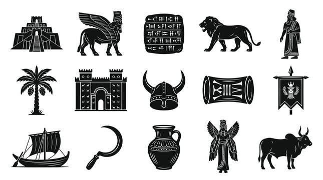 Ancient Mesopotamia History Glyph Icons. Sumerian, Babylonian, Assyrian Civilization Black Symbols  Artifacts.
