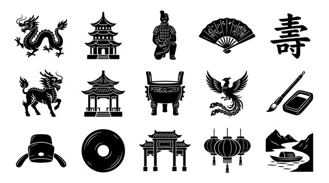 Chinese Culture Symbols: Dragons, Pagodas, Terracotta Warrior, Fan, Calligraphy, Phoenix, Brush, Incense