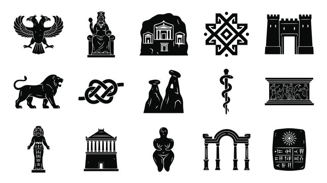 Ancient Civilization History Archaeology Icons - Mythology Culture Heritage Glyph Set