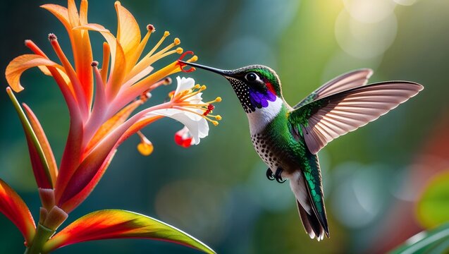 Hummingbird Feeding on a Colorful Flower in a Sunny Garden
