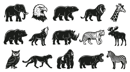 Obraz premium Black and White Vector Icons of Diverse Animals for Wildlife and Zoo Themes
